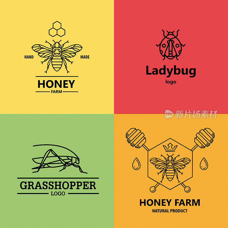 昆虫标志集。蜜蜂，蚱蜢和瓢虫的标志在线性风格。矢量插图。