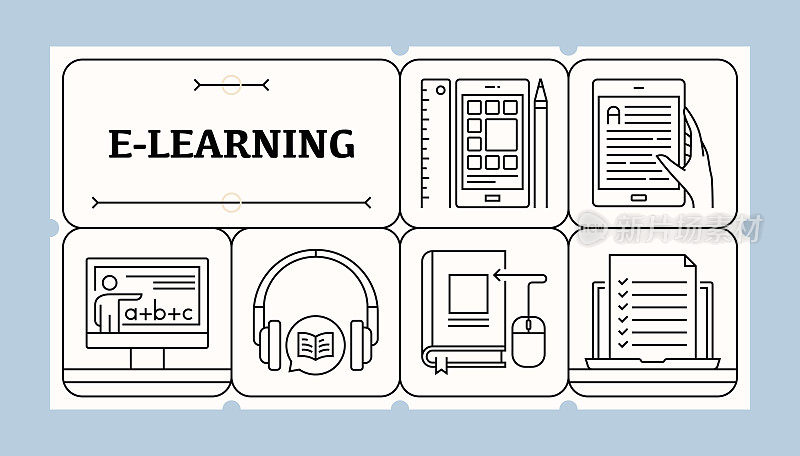 电子学习线图标集和横幅设计