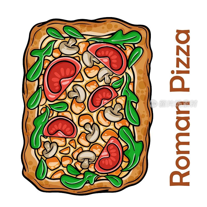 玛格丽塔披萨配番茄，马苏里拉奶酪，香蒜酱，罗勒。白色背景的长方形罗马披萨