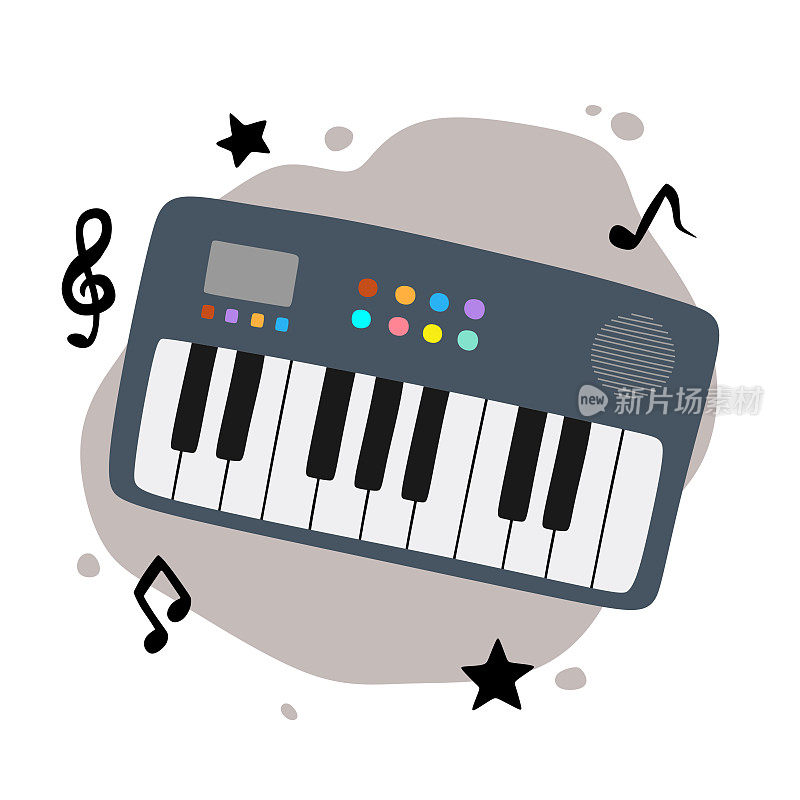 可爱的卡通键盘。乐器电子钢琴手绘涂鸦风格