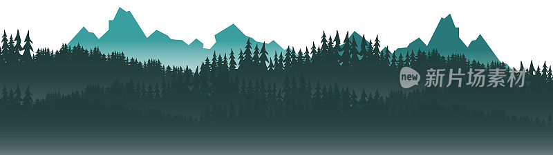 冒险户外露营徒步登山野生动物的背景-绿色剪影的山峰岩石和森林树林冷杉云杉树，现实的景观全景插图矢量。