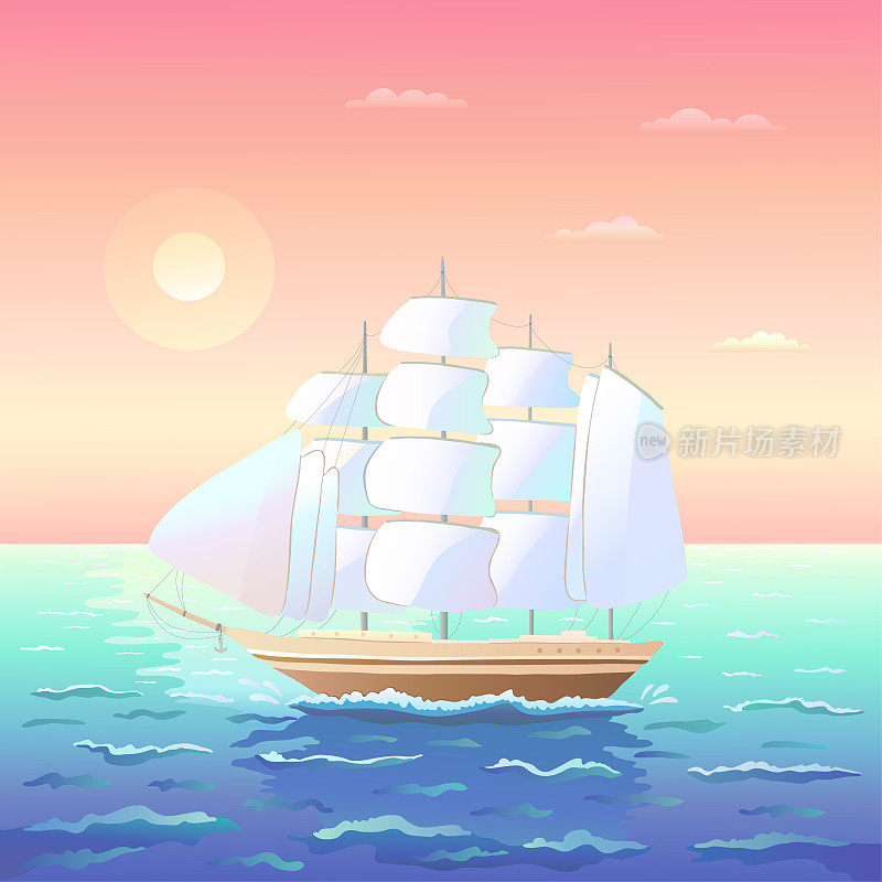 一艘有帆的船在海浪上航行，以夕阳和橙色日落为背景，突出了亮点。四桅船海景。广场背景。矢量插图。