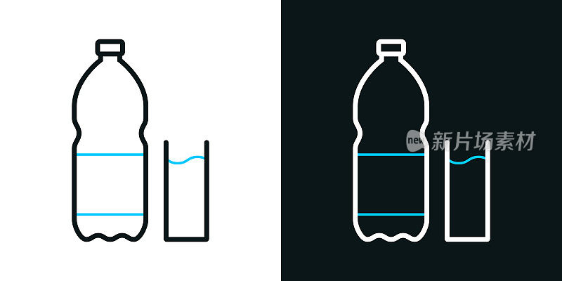 一瓶和一杯苏打水。黑色或白色背景上的双色线条图标-可编辑笔触