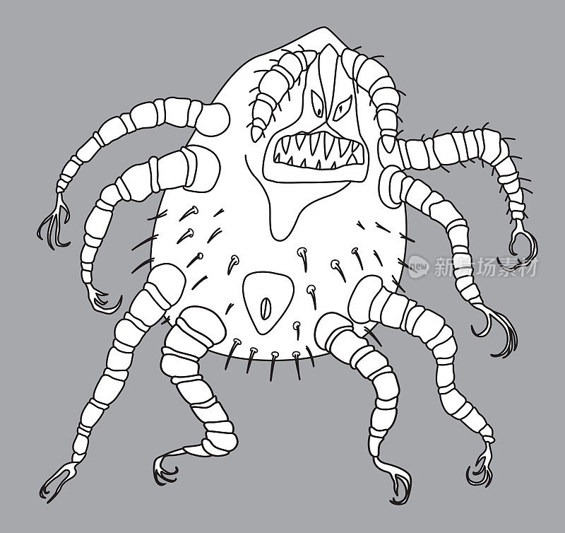 收获螨。矢量插图卡通蜘蛛昆虫。在灰色背景上单独画出的漫画轮廓