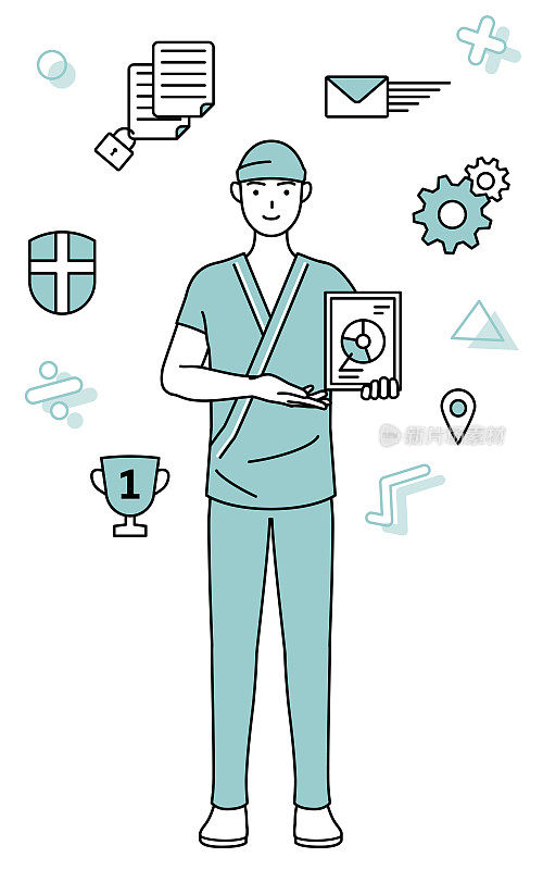 DX的图像，男住院病人穿着医院的长袍，使用数字技术来改善他的业务