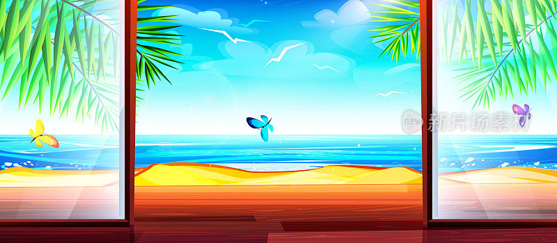 以卡通风格的海滩度假概念。夏季海滨别墅，打开全景窗户，背景是阳光明媚的热带景观，蝴蝶飞舞。