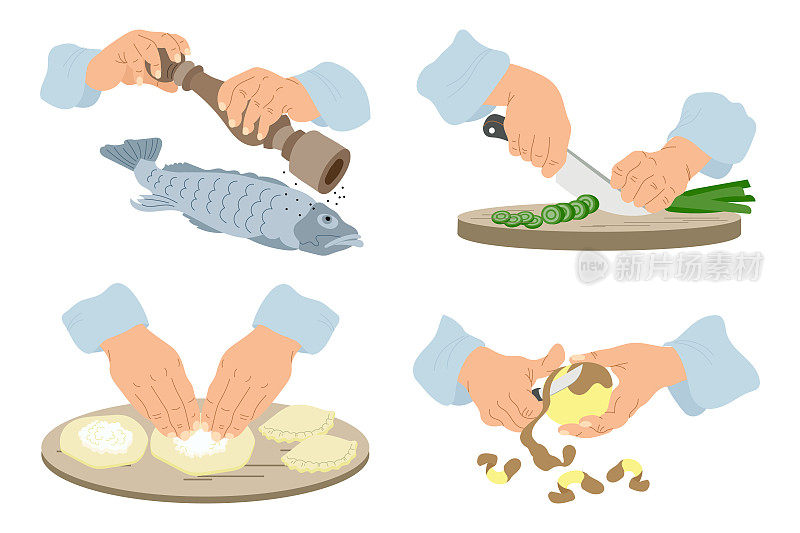 在厨房工作，剪贴画集。手剥土豆，切洋葱，煮鱼，做馅饼。