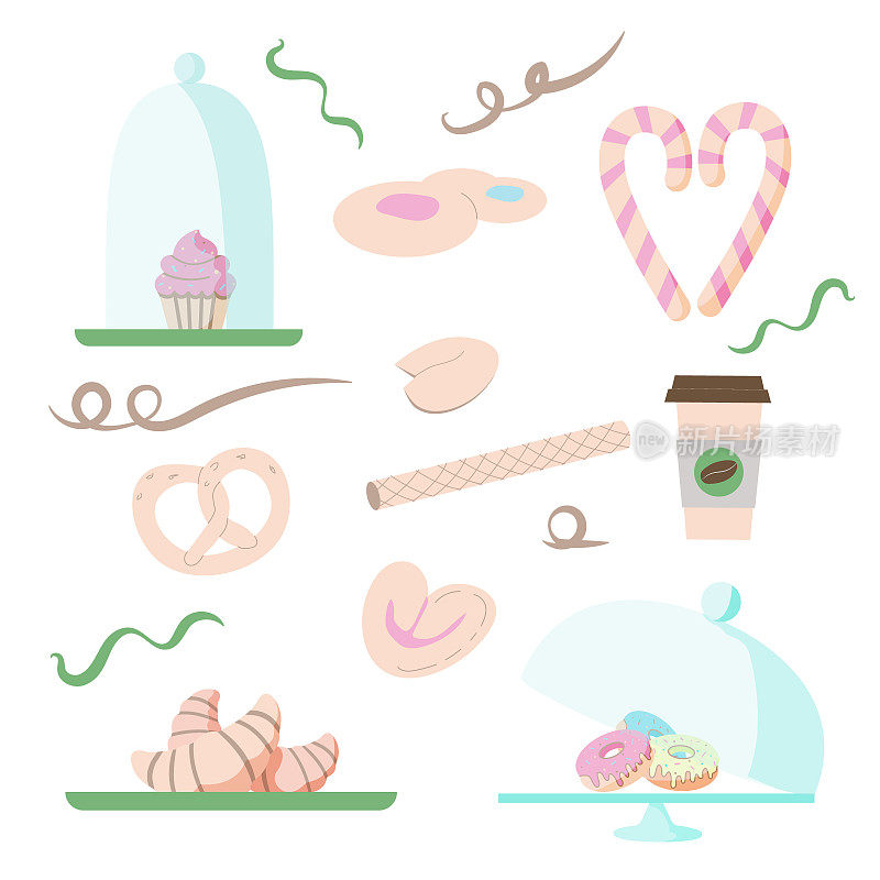 一套图标与糖果，糖果，蛋糕，纸杯蛋糕，松饼，donat和咖啡在平面风格。插图糕点店，面包店，咖啡店，咖啡馆。矢量插图。