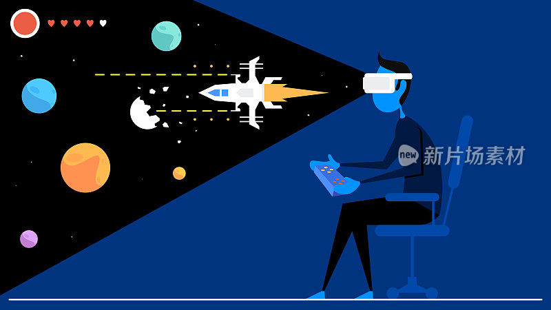 一名戴着虚拟现实眼镜的男子正在发现一个新的虚拟世界,他正在享受他的时间