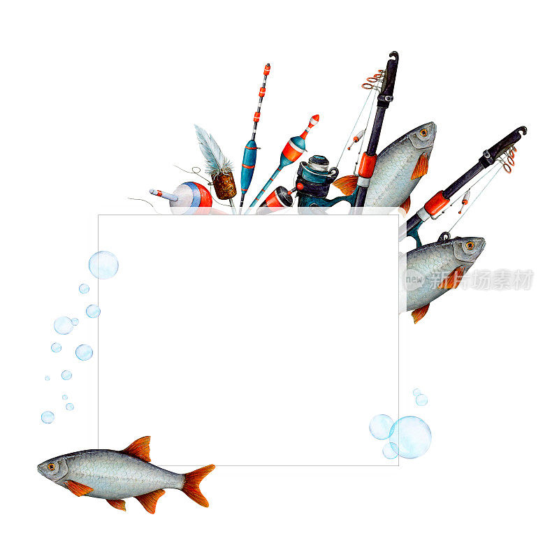 水彩画矩形框架从各种钓鱼球，气泡，鱼，纺线，红，白，蓝，黑与钓鱼线。垂钓器用于壁纸，标志，横幅，图标，卡片，传单，纺织品，明信片，包装纸，stic