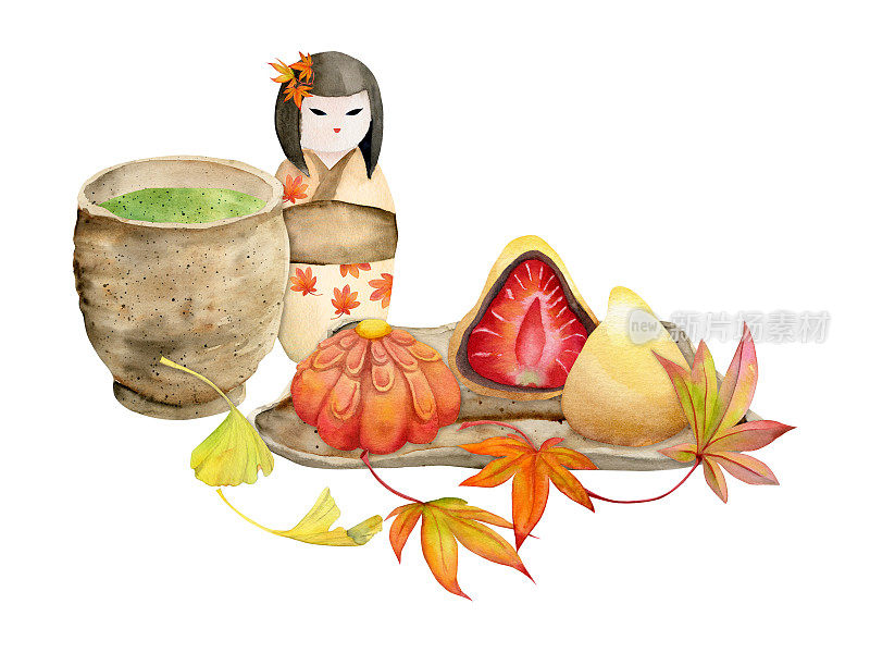 手绘水彩画的日本传统糖果。秋天用叶子和茶，抹茶。孤立在白色背景上。设计邀请，餐厅菜单，贺卡，印刷，纺织品