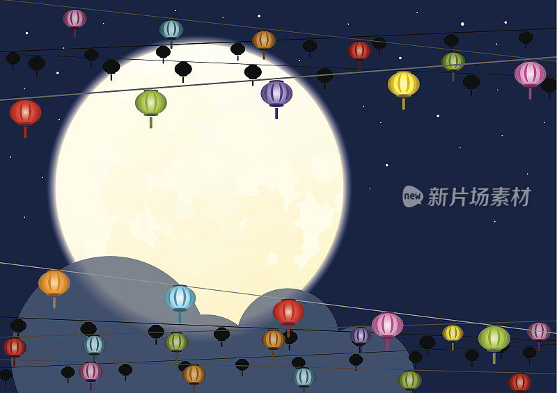满月和悬挂中国灯笼的背景设计