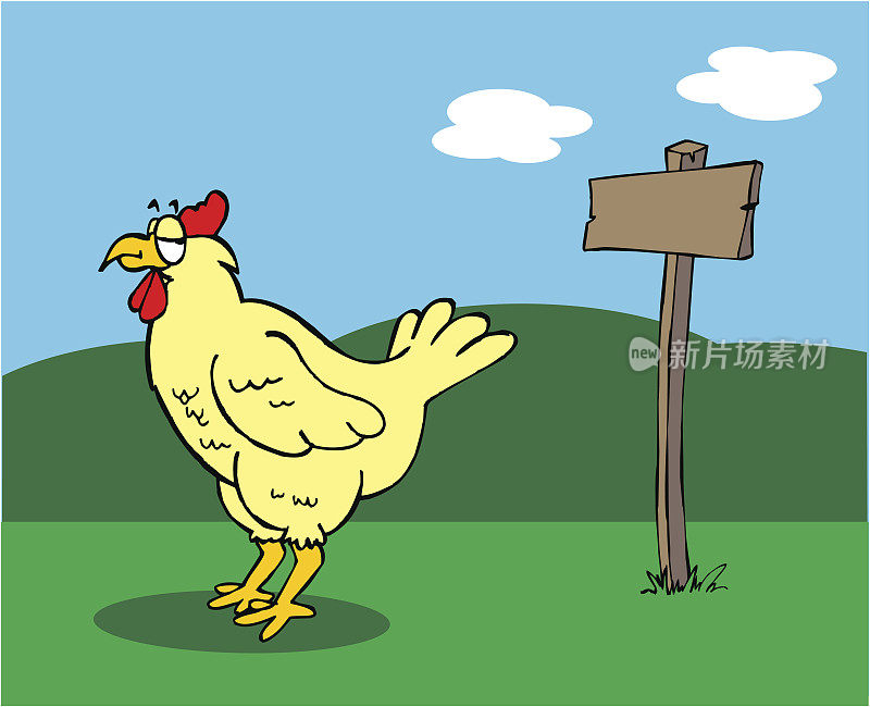 表情丰富的黄色小鸡回头看着木制标志