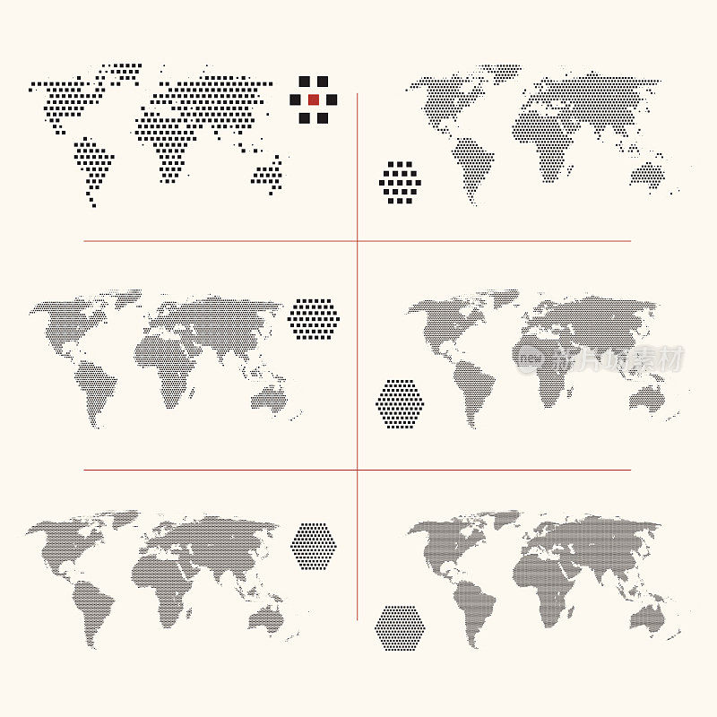 不同分辨率的虚线世界地图集