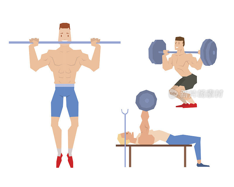 男人举重举重，杠铃运动，健身房人向量。