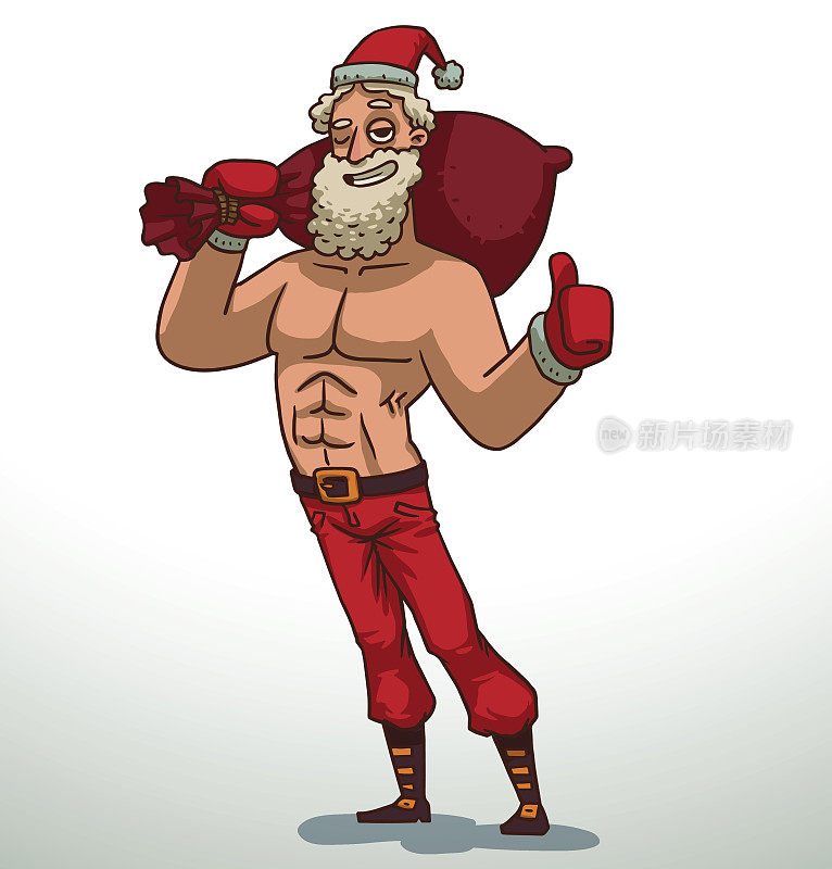 强壮的圣诞老人和红色的袋子