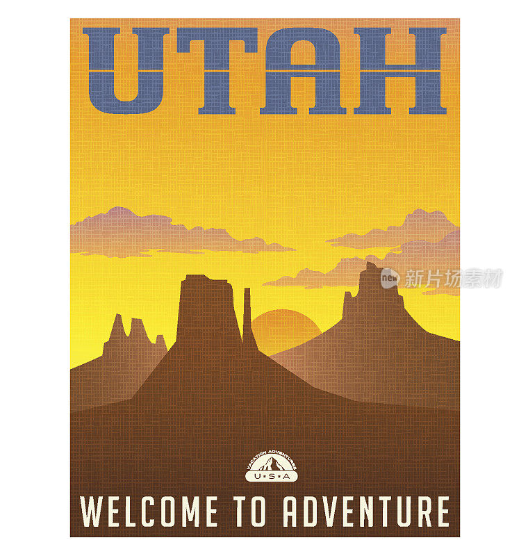 犹他州旅游海报或贴纸。日落时的纪念碑谷矢量图。