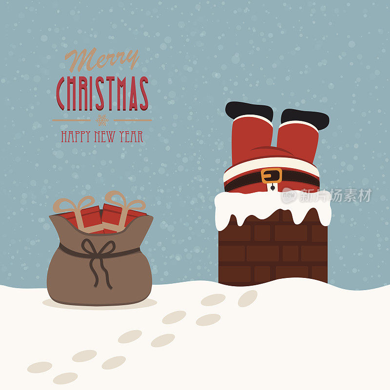 圣诞老人卡在烟囱礼物袋里的雪背景
