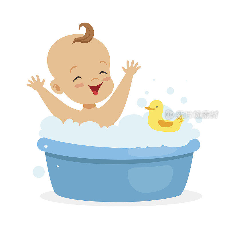 快乐的宝宝洗澡玩着黄色的泡沫泡泡和鸭子，彩色的卡通人物矢量插图