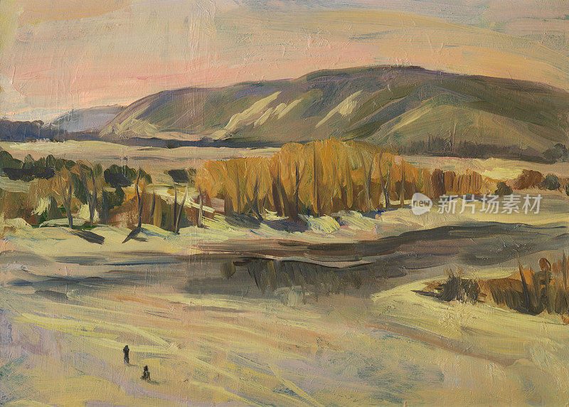 油画。冬天的风景。山的全景