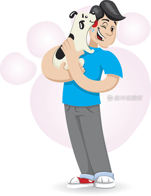 插图吉祥物鲍勃拥抱一只狗，表达了很多感情。理想的视觉传达，兽医信息和机构材料