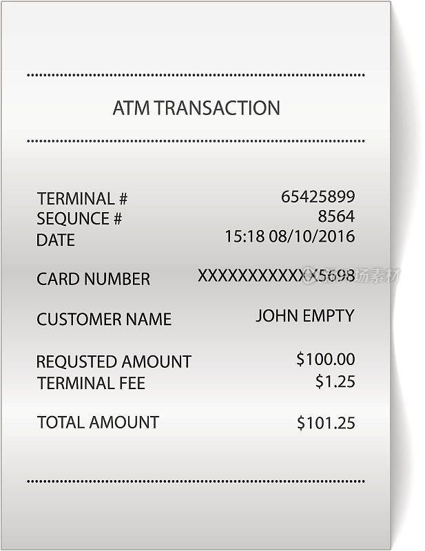 ATM交易打印纸质收据票据载体