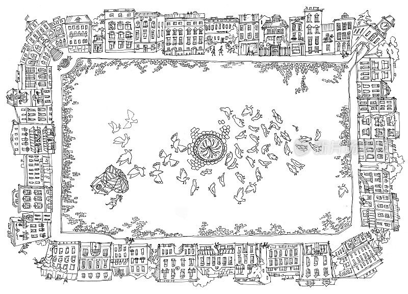 老欧洲城广场广场。用于打印和web项目的城市框架组成。草图风格手绘图像。光栅插图。