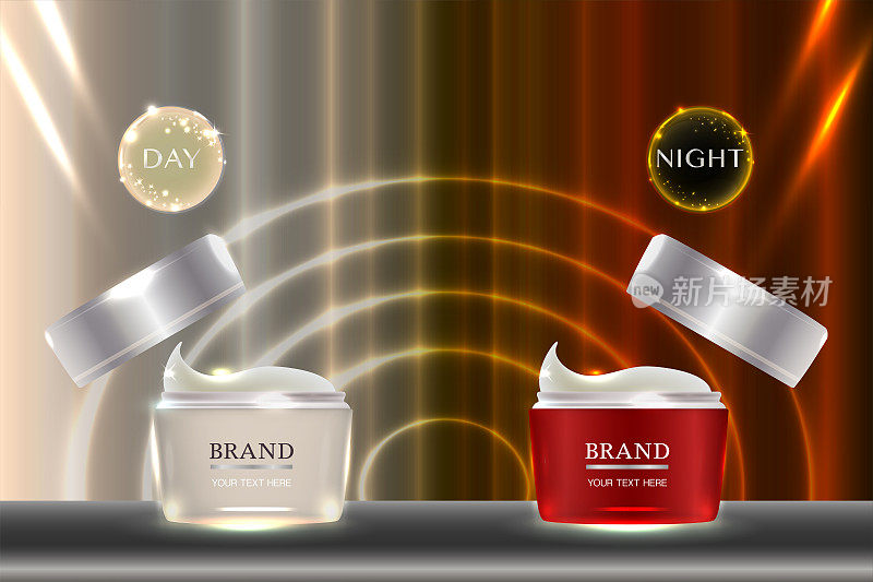 化妆品容器与广告背景随时可用，日夜护肤广告。