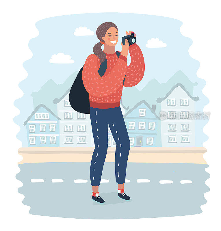 一名女子正在城市的手机相机上拍照