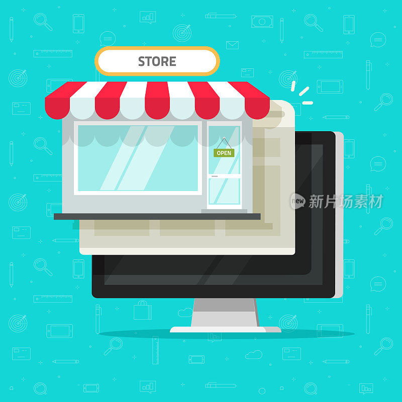 网上商店的电脑矢量插图，平面卡通桌面电脑上网网上商店和浏览器页面窗口，电子商务的想法店面，网上商务，数字超市网站