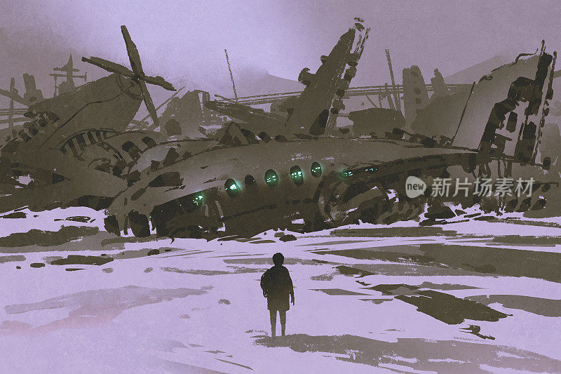 人们在雪地里看着被摧毁的飞机残骸