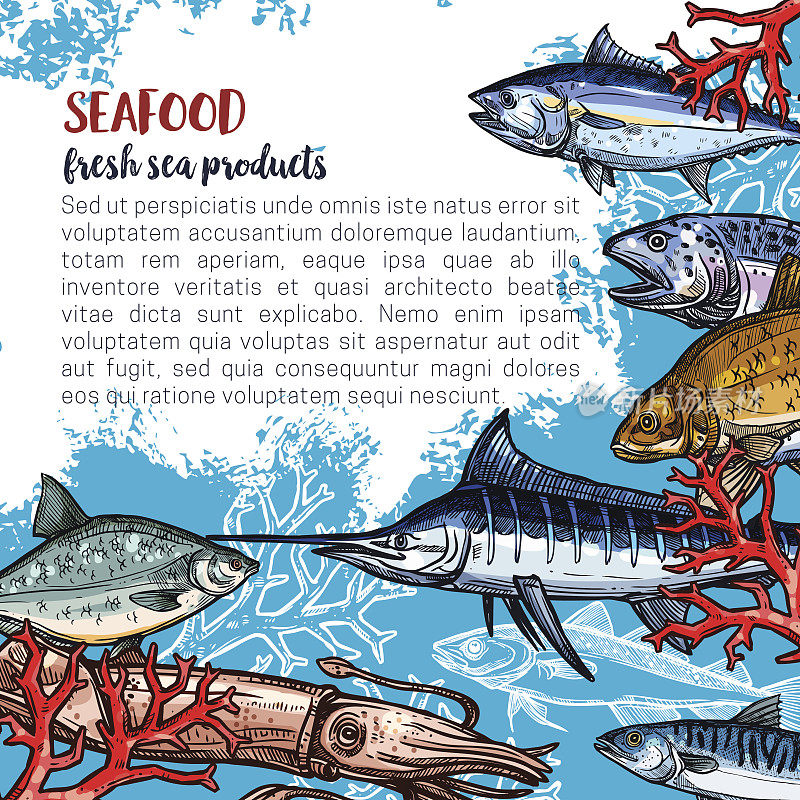 海产品或鱼类食品矢量海报