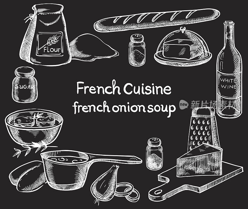 法国洋葱汤，食物的配料。向量草图