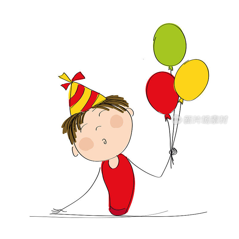 快乐的男孩与彩色气球和派对帽子庆祝他的生日-原创手绘插图