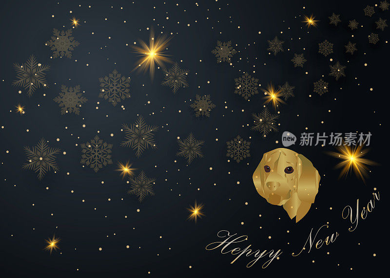 布局快乐新年金色和黑色的文字空间圣诞球，和雪花。金碧辉煌，光彩照人。矢量图
