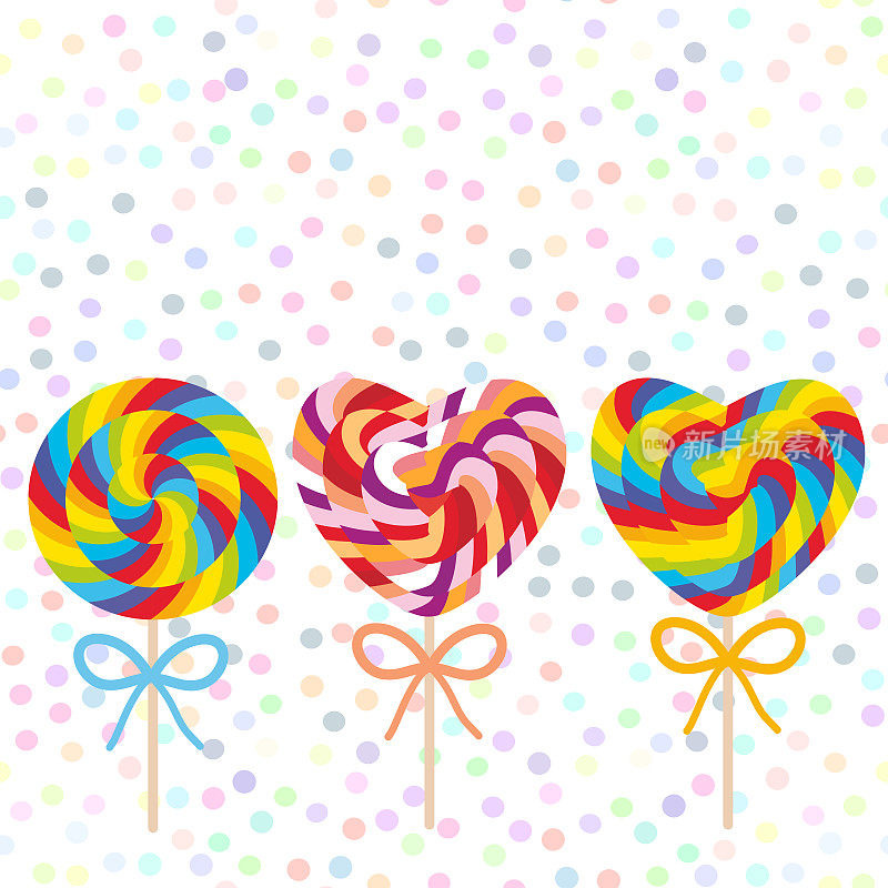 情人节心形彩色设置糖果棒棒糖蝴蝶结，螺旋糖果手杖。糖果棒与扭曲设计在白色抽象几何复古波尔卡点背景。向量