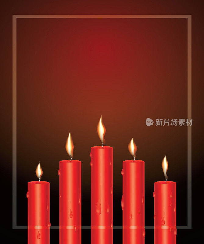 逼真的红色发光蜡烛与熔化的蜡和框架。