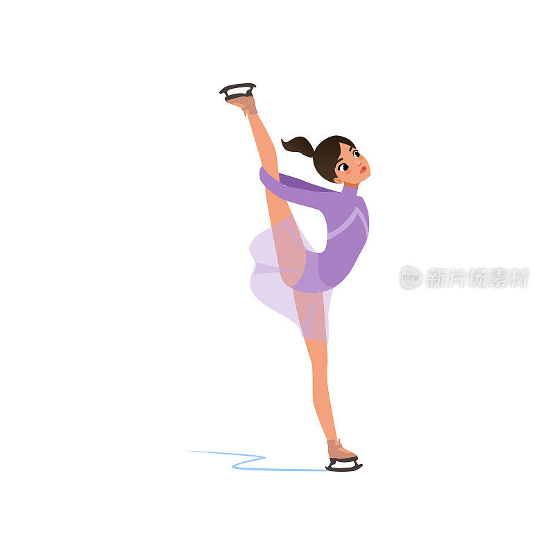 美丽灵活的花样滑冰女孩在短连衣裙滑冰，女运动员在室内溜冰场练习矢量插图上的白色背景