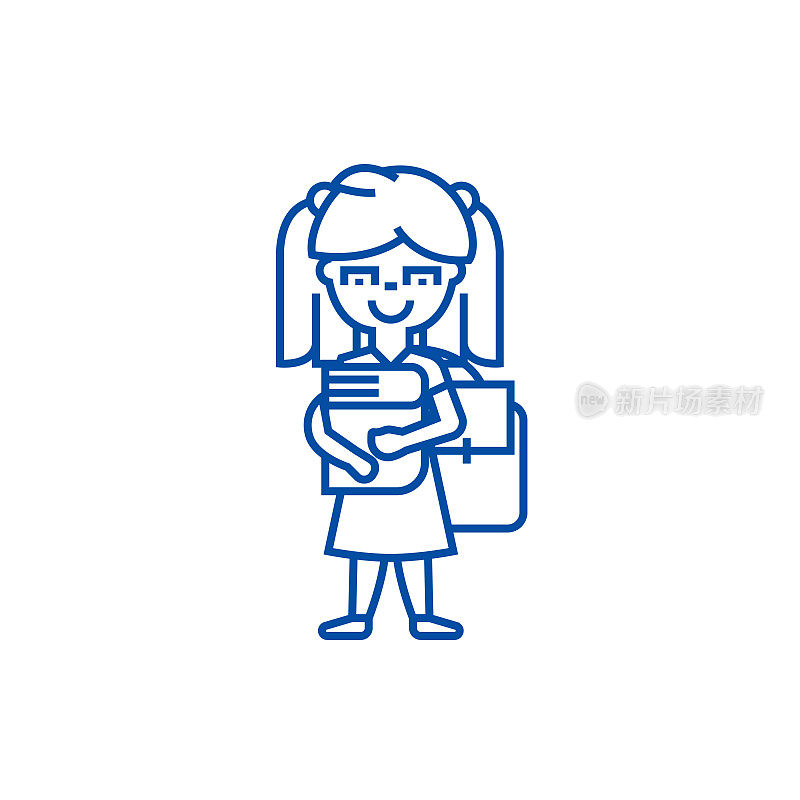 女孩在学校与书和背包线图标概念。女孩在学校用书本和背包平矢量符号、标志、轮廓插图。