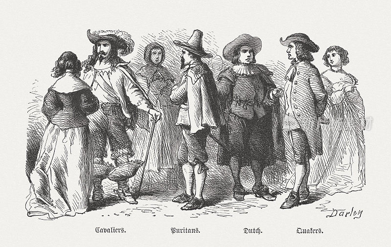美国殖民者的服饰，17世纪，木刻，1876年出版