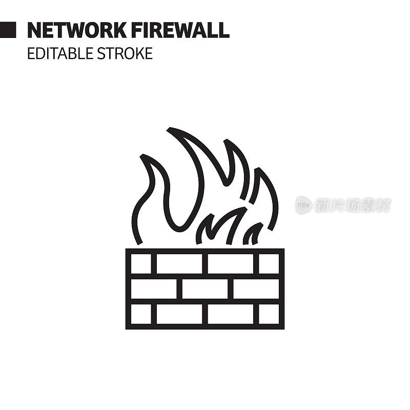网络防火墙线图标，轮廓向量符号插图。完美像素，可编辑的描边。