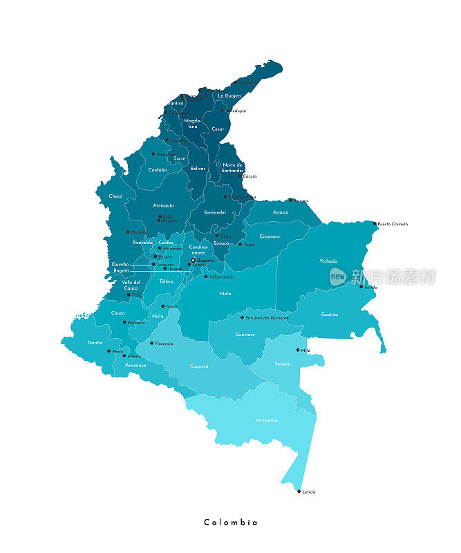 矢量现代孤立插图。简化彩色行政地图的哥伦比亚。白色背景和轮廓。大城市和部门(地区)名称。