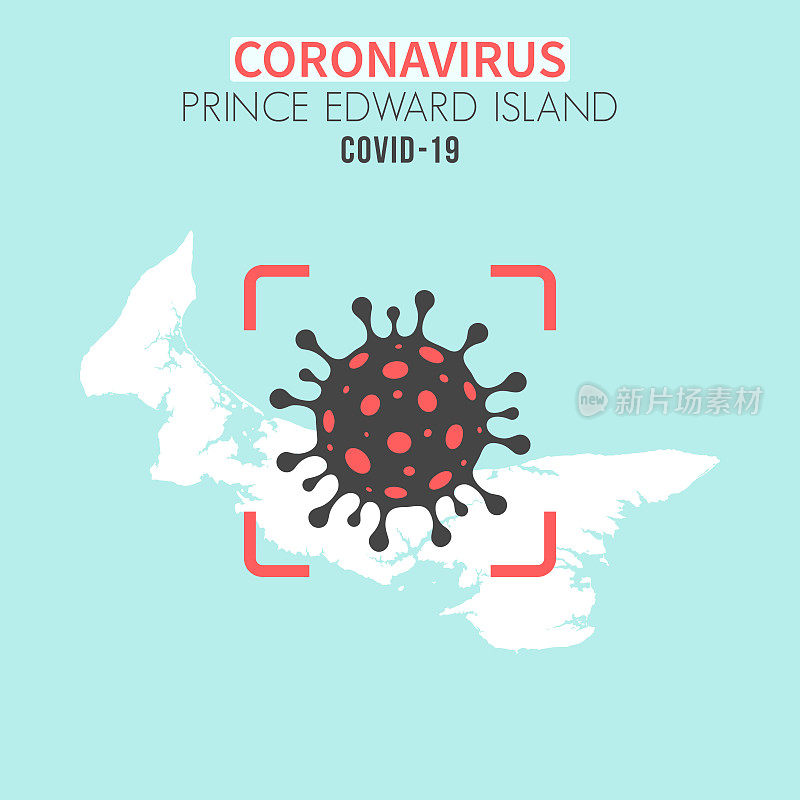 爱德华王子岛地图，红色取景器中有冠状病毒细胞(COVID-19)