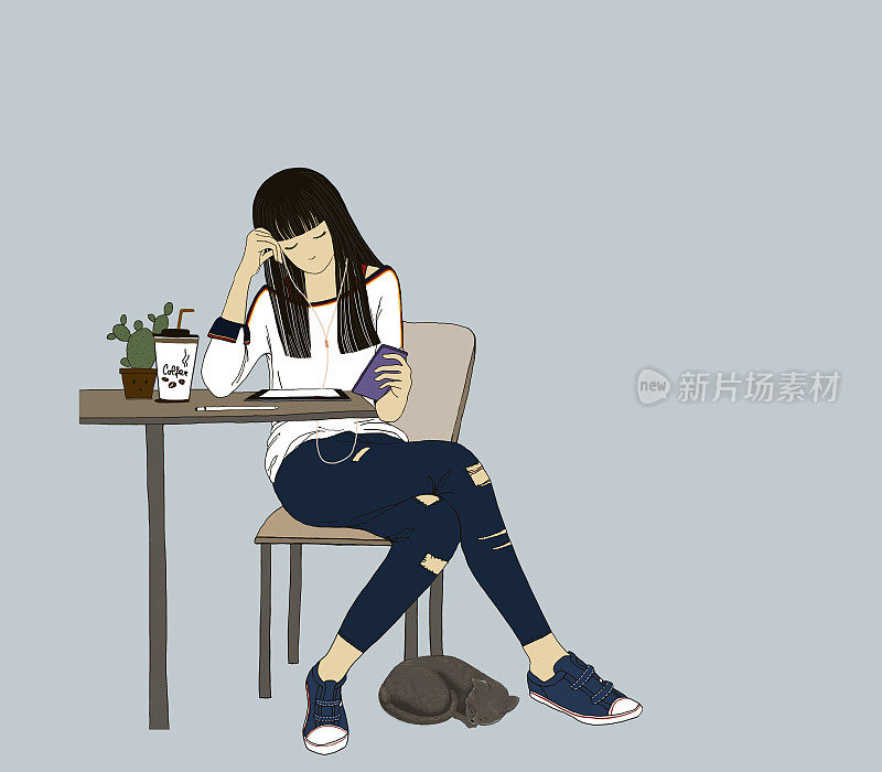 插图年轻的女孩喝咖啡和听音乐从手机，数字油漆嬉皮风格的女孩字符和猫在蓝色背景与复制空间，工作妇女喝热饮料在咖啡馆