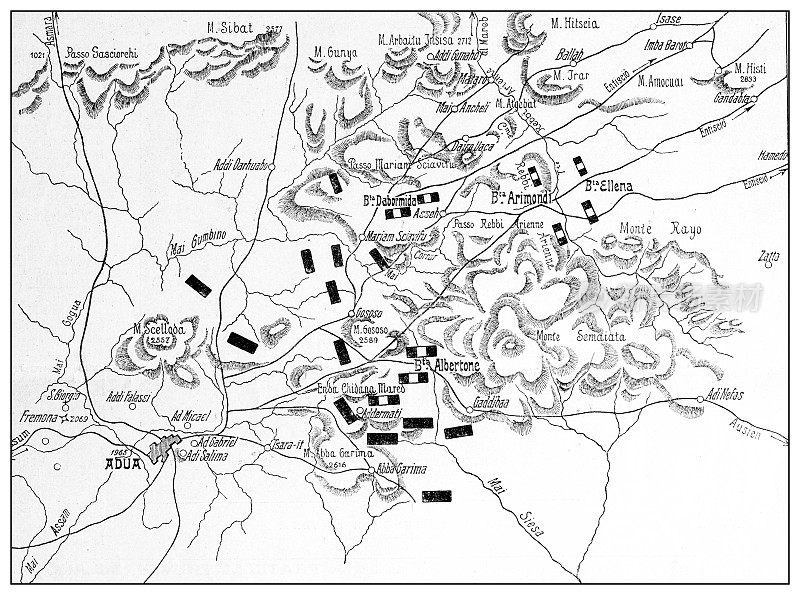 第一次意大利-埃塞俄比亚战争(1895-1896)的古董插图:阿杜瓦(Adwa)战役地图