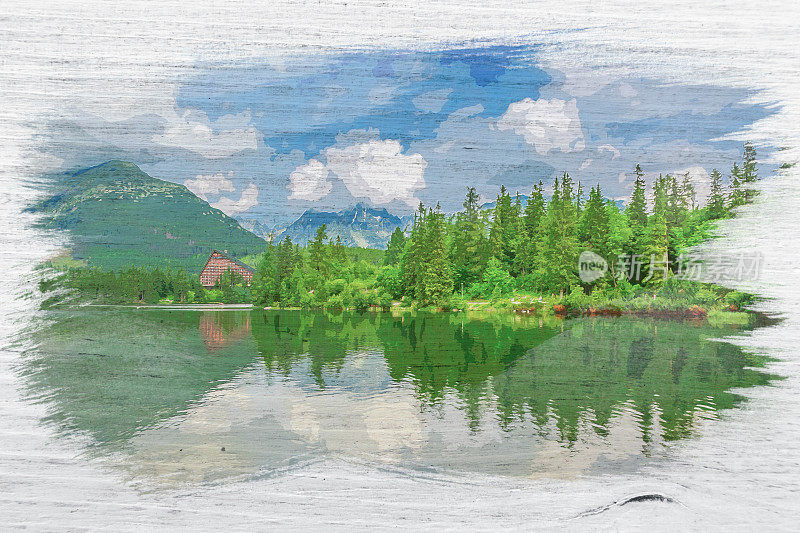 令人惊叹的斯特布斯克普莱索和山湖，水彩画