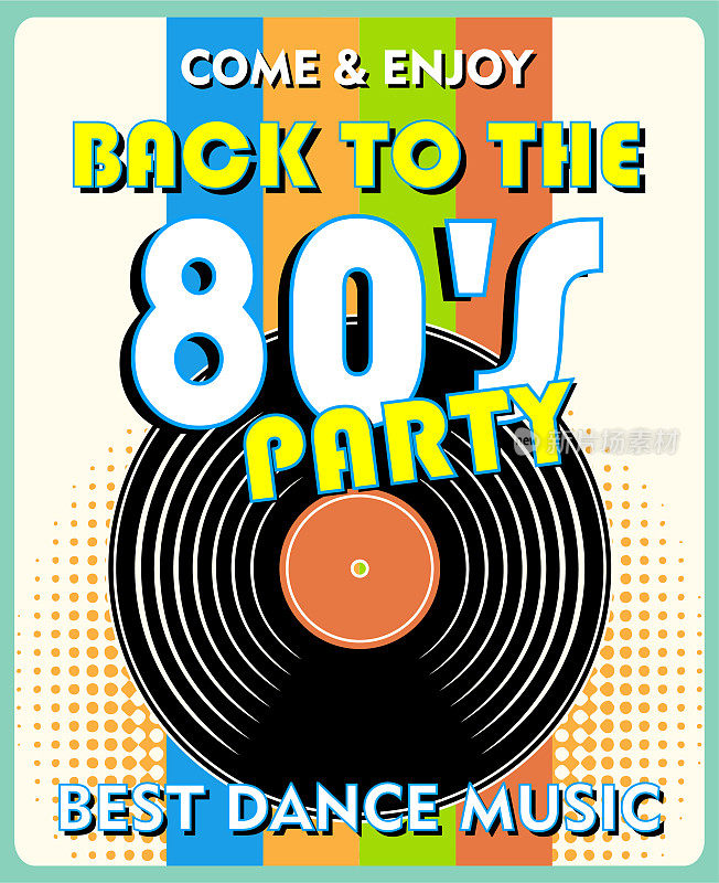 复古80年代的音乐派对和复古黑胶唱片海报在复古设计风格。80年代迪斯科派对。
