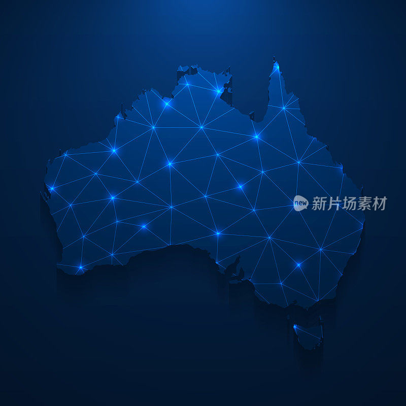 澳大利亚地图网络-明亮的网格在深蓝色的背景