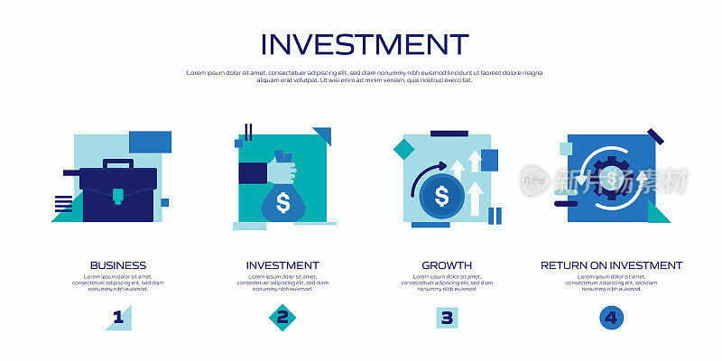 投资相关的平面图标，平面设计矢量符号插图。信息图表设计元素