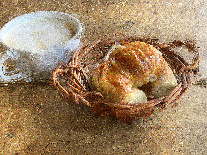 木桌上的咖啡卡布奇诺配羊角面包，油画效果